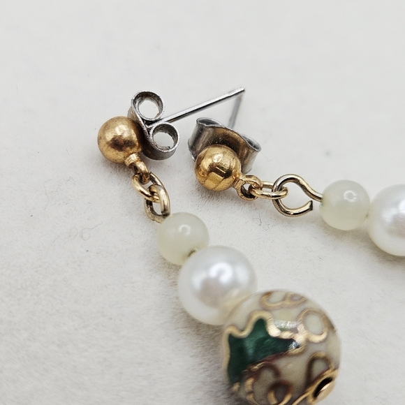 VINTAGE Cloisonne Blue Floral Beaded Dangle Earrings Post - Picture 4 of 4